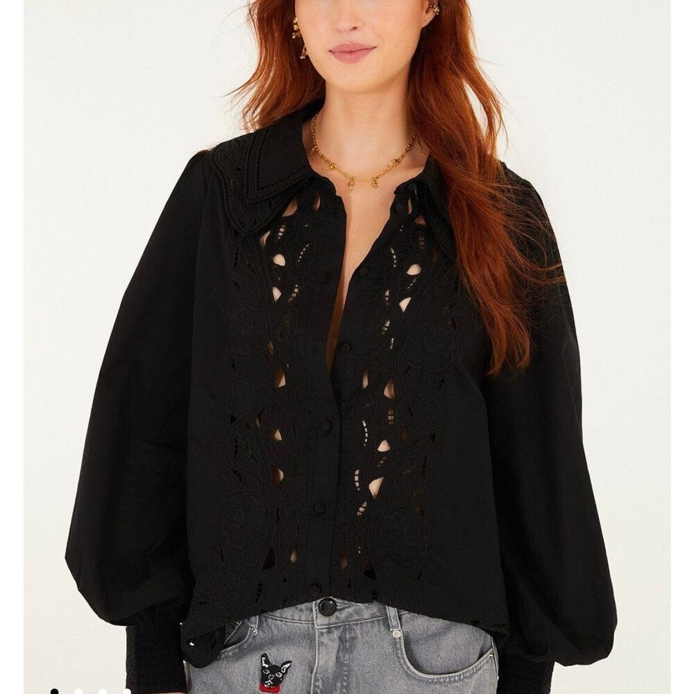 *NWT FARM Rio Embroidered Eyelet Puff Sleeve Button-Up Shirt Black Size L Cotton - Picture 3 of 12